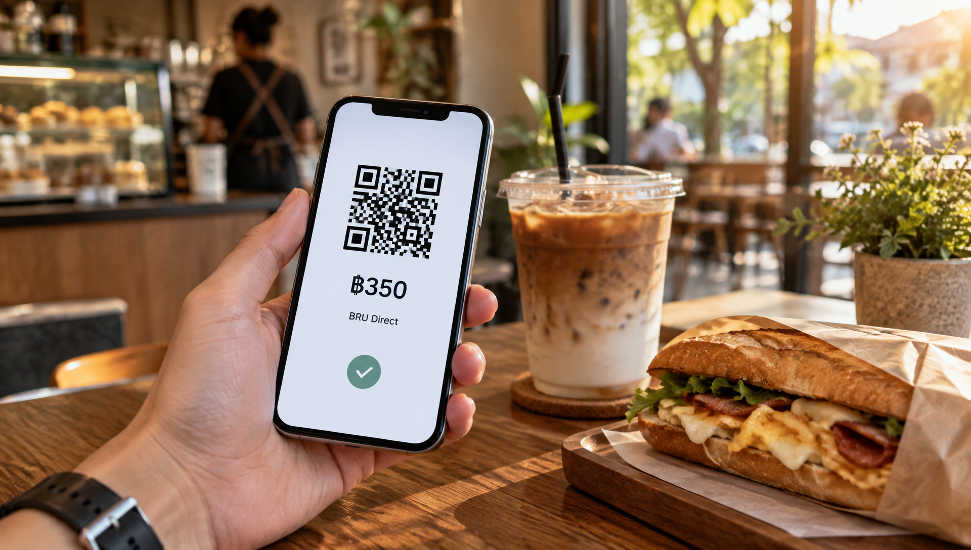 A customer paying for a BRU Direct order with a phone showing a payment QR code and the exact amount already filled in, next to an iced latte and a breakfast sandwich at BRU Coffee & Bar